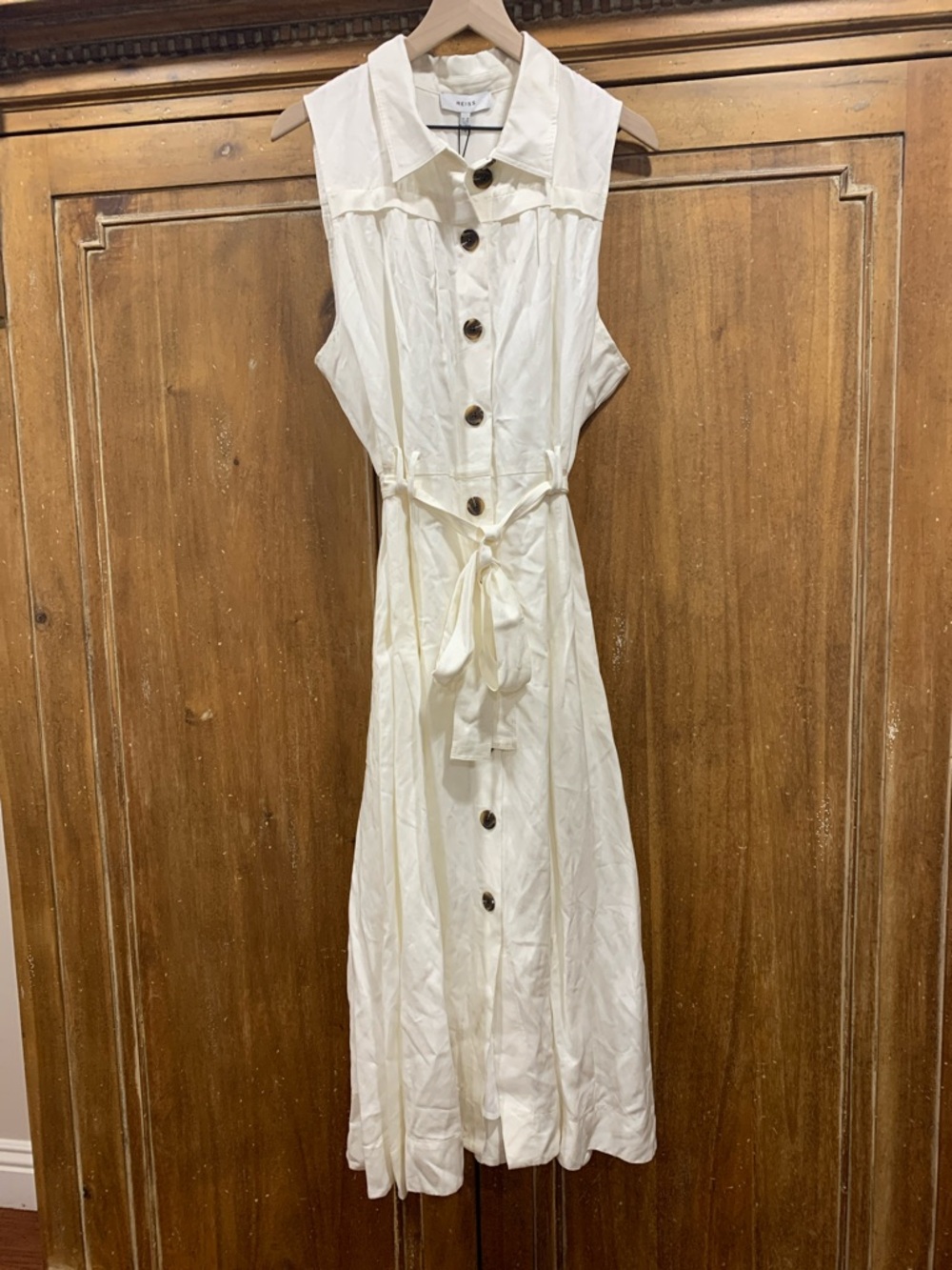 Reiss Cream Sleeveless Button-Front Midi Dress with Tie Waist